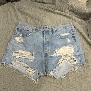 Levi's Blue Distressed Jean Shorts with Frayed Hem